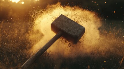 Impact of Hammer on Ground Dust at Sunset