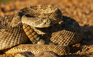 Diamond-backed rattlesnake sounding a warning, USA, Arizona
