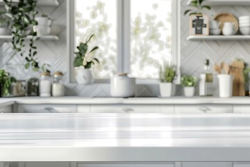 Bright kitchen interior with modern empty white table top, montage product display and scandinavian