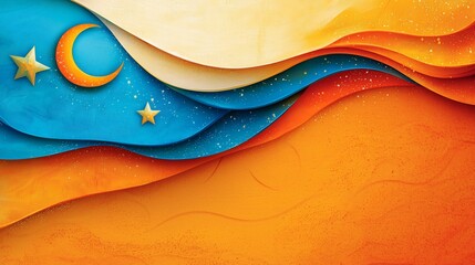 Abstract wavy layers with crescent moon and stars.