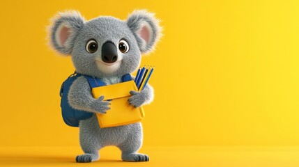 Cute koala cartoon character with backpack and pencils ready for school.