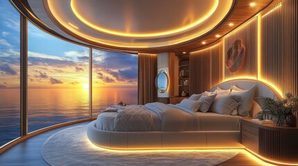 Modern bedroom with sunset view and ambient lighting