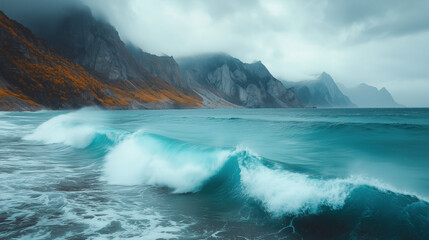 Fototapeta premium Majestic Waves Crashing Against Towering Sea Cliffs