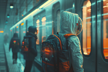 Fototapeta premium Man wearing hoodie cloth waiting underground train in cyberpunk city. Public transportation Technology and Urban Design