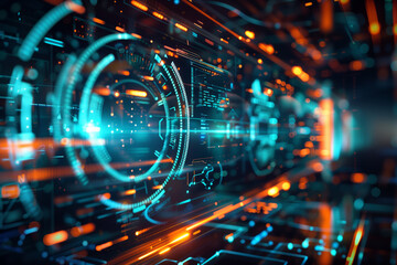 Futuristic control panel interface with pulsating holographic icons and Complex Circuitry. Industrial environment 