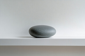 A smooth, dark grey stone rests on a minimalist white shelf against a white wall, exuding serenity.