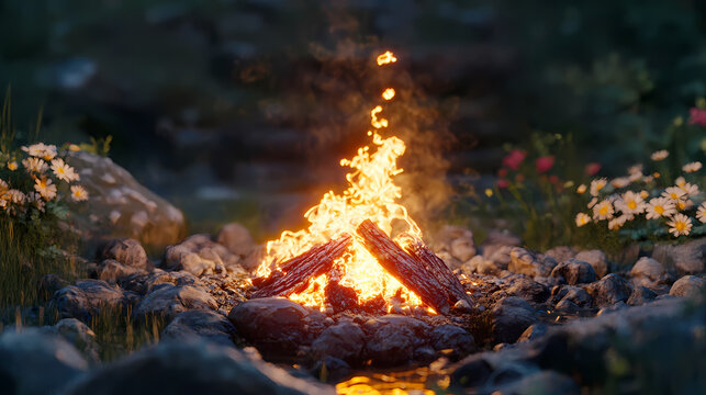 scene of a campfire in the wilderness, with detailed flames and embers showing warmth in a scenic outdoor setting, symbolizing warmth and companionship. Sunpetal. Illustration