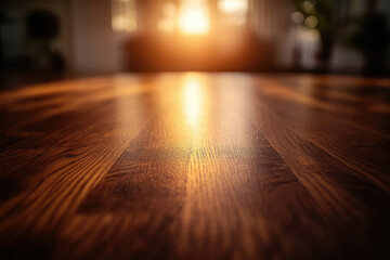 Warm sunlight illuminates a rich, dark brown wooden floor, creating a serene and inviting atmosphere.