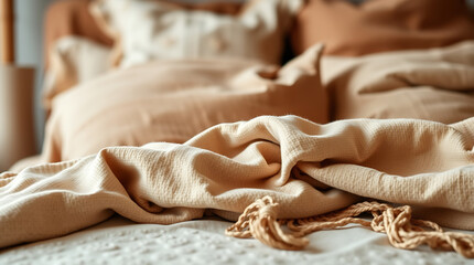 Cozy Beige Blanket on a Bed: Soft Textures and Tranquil Atmosphere for Relaxation