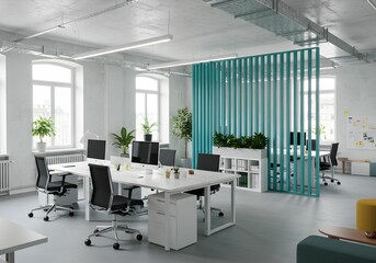 Modern office, Modern coworking office, Modern white and blue open space office interior