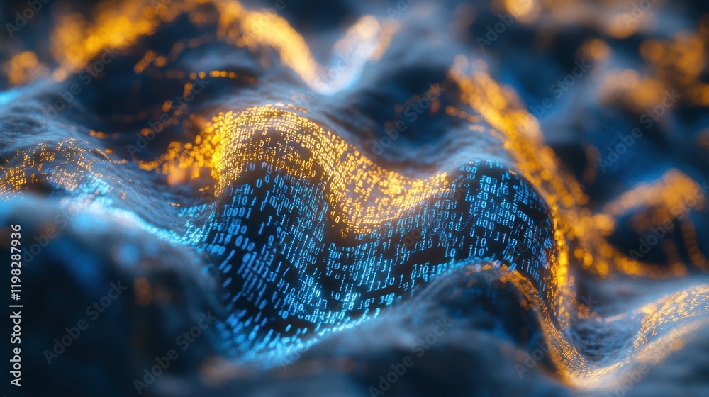 Poster digital ocean: a mesmerizing visualization of binary code forming a wave-like structure, showcasing 