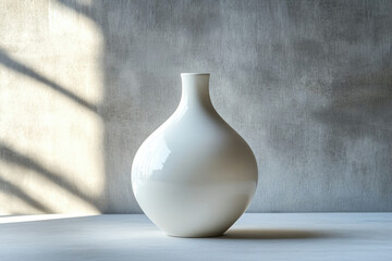 A sleek, white ceramic vase sits on a light surface against a textured gray wall, bathed in soft sunlight.