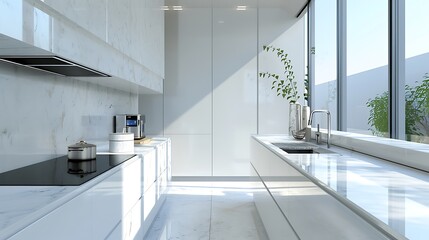 Bright kitchen interior with white walls, modern counter top with built in sink and cooker