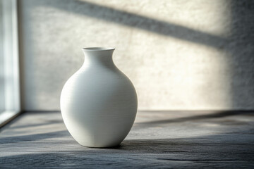 A minimalist white ceramic vase sits on a rustic wooden surface, bathed in sunlight.