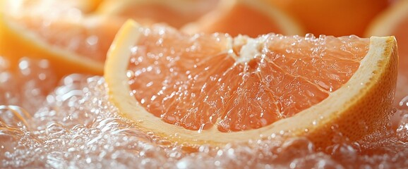 Juicy grapefruit slices in ice, refreshing summer drink