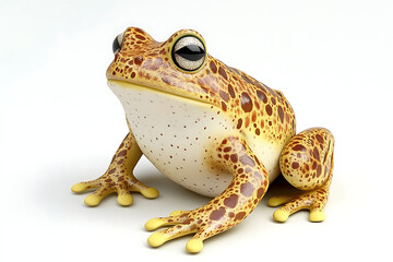 Naklejka premium A cartoon-style frog with a speckled body and large eyes, posed on a white background.