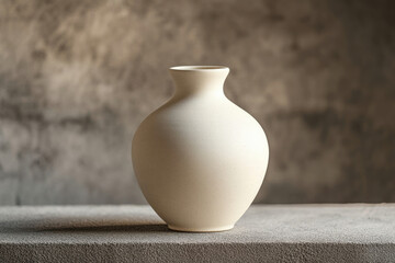 A simple, elegant off-white ceramic vase sits on a textured surface against a muted background.