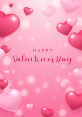 Valentine's Day poster design red pink heart balloons and shiny background
