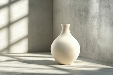 A minimalist beige ceramic vase sits in a sunlit corner of a room with a concrete wall.