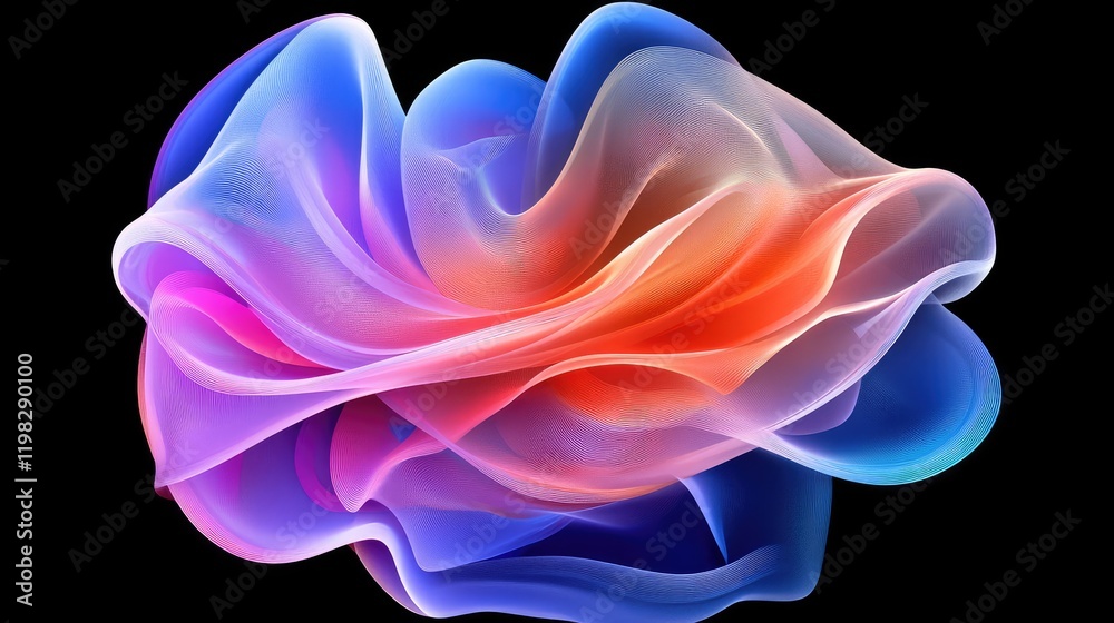 Poster abstract dynamic digital shapes forming a circular glowing structure with soft gradients and particl