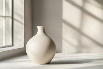 A minimalist off-white ceramic vase sits on a windowsill, bathed in sunlight.