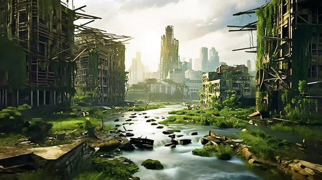 植物に浸食されて荒廃した都市の風景