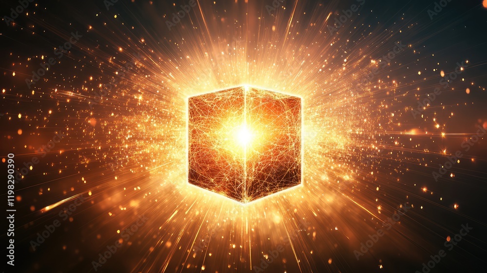 Poster abstract glowing d cube surrounded by floating particles and light beams on a dark gradient backgrou