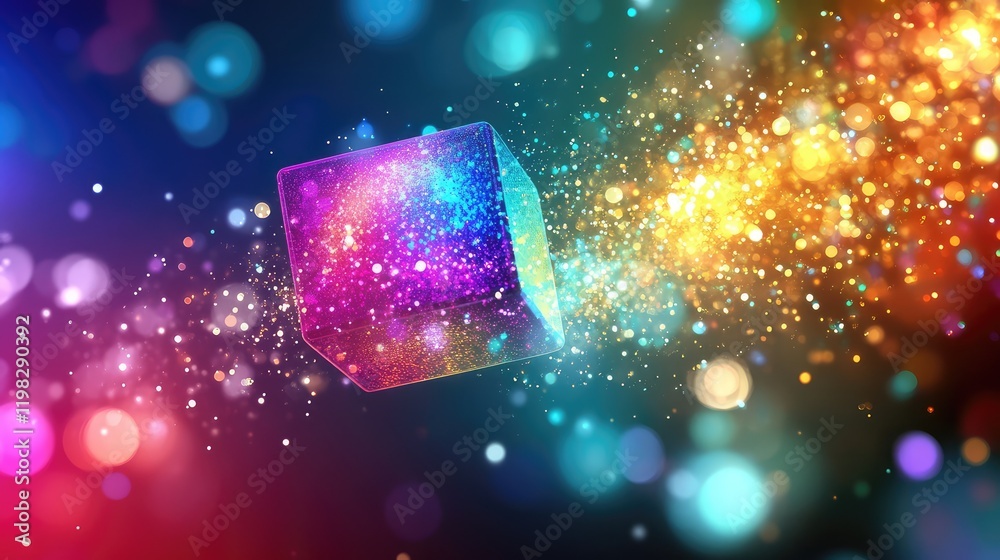 Poster abstract glowing d cube surrounded by floating particles and light beams on a dark gradient backgrou
