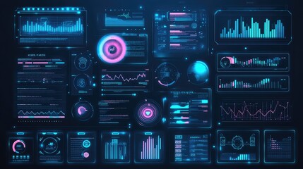 Obraz premium Abstract glowing holographic interface with floating menus and interactive digital controls.