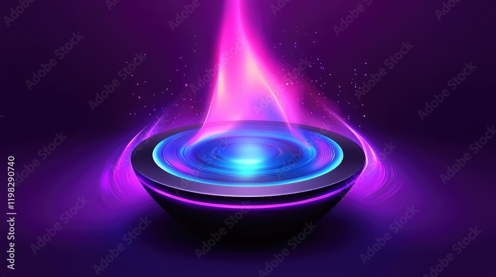 Poster abstract glowing touch interface with circular holographic patterns and floating digital elements.
