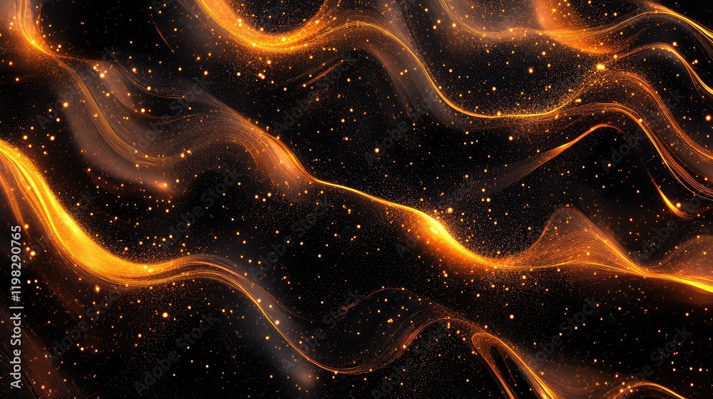 Poster abstract glowing waves of particles forming dynamic patterns on a dark gradient background, perfect 