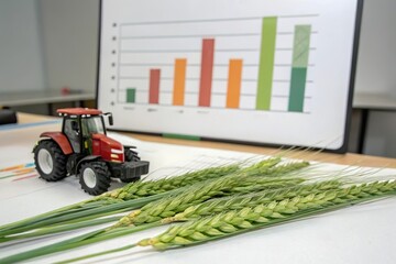 Tractor and wheat with chart in background. Agriculture sector growth