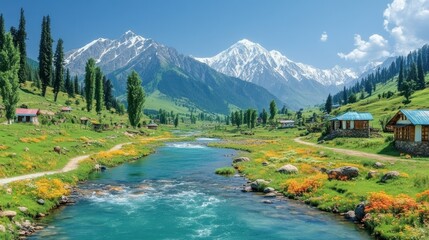 Serene Mountain Valley Landscape: Picturesque River, Lush Meadows, and Majestic Peaks