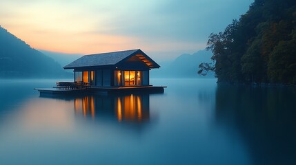 Fototapeta premium Lakeside cabin sunset, calm water, mountains. Vacation rental