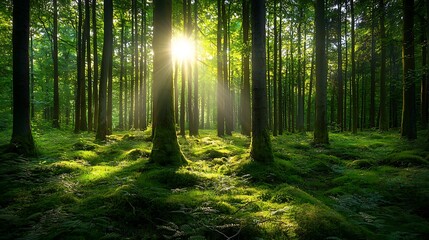 A vibrant forest tall, dense trees with thick moss covering the trunks, sunlight filtering through the canopy