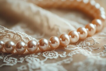 ethereal close-up of vintage pearl bracelet intertwined with delicate lace veil, soft natural light creating romantic highlights on crystalline details