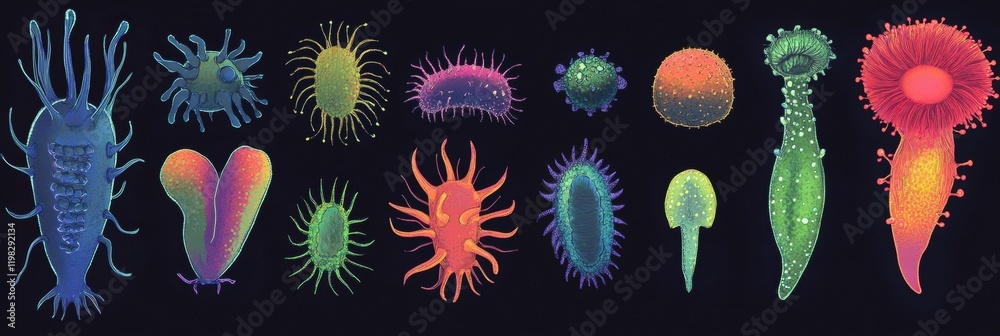 Poster sequence of bacterial evolution showing diverse forms and colors in a scientific visualization. gene
