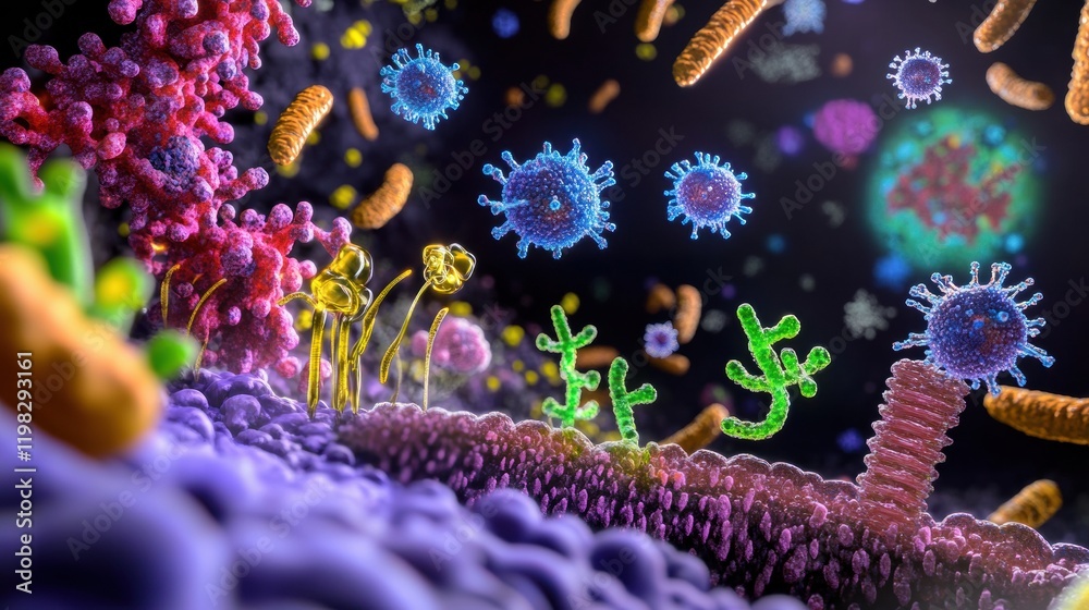 Leinwandbilder close up view of molecular interactions showcasing diverse microbes in a vibrant environment. genera