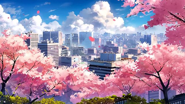 美しい満開の桜と都市のアニメ風イラスト風景