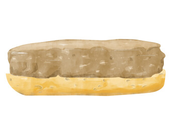 Watercolor Sandwich, Bread with Beef  Patty, Textured Simple Illustration for Print, Menu, Textile and Web