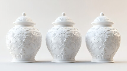 Three white porcelain jars with luxurious designs and detailed ornaments that stand out, set against a white background