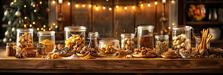Naklejka premium Vibrant display of organic spices in jars and bowls with rustic charm in a cozy kitchen setting