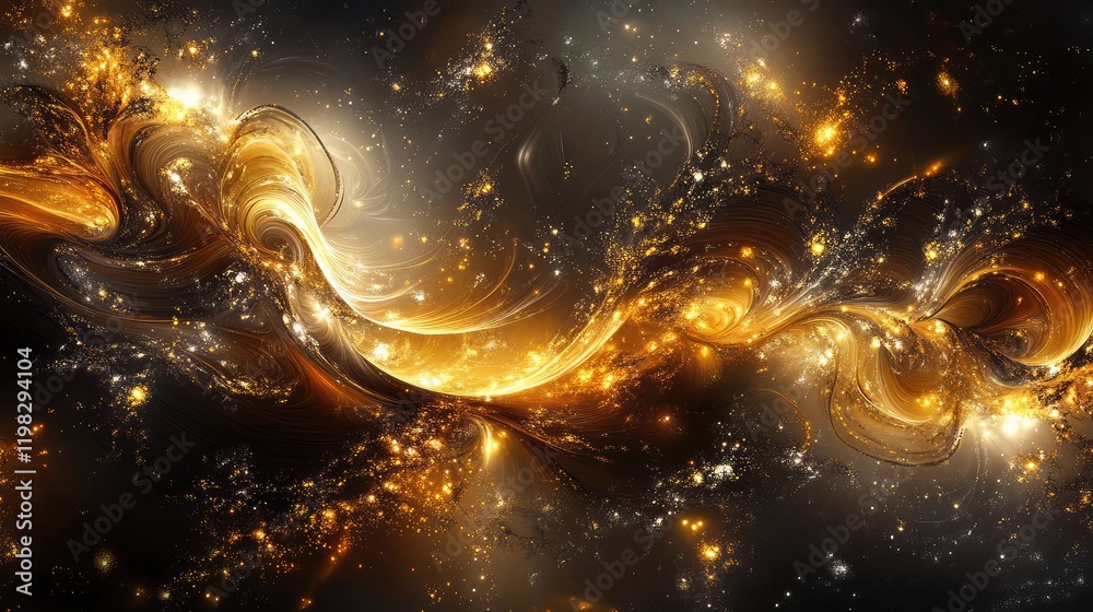 Poster dynamic light waves forming a glowing abstract digital flow with intricate patterns and particles.