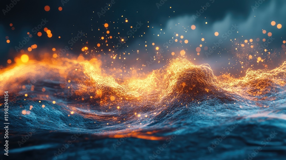 Poster dynamic wave patterns with glowing particles and digital textures on a minimalist gradient backdrop.