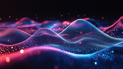 Dynamic wave patterns with glowing particles and digital textures on a minimalist gradient backdrop.