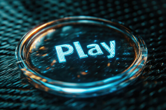 A glowing blue 'Play' button on a dark, textured background, signifying the start of a game or media. - Powered by Adobe