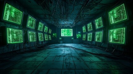 Abandoned Cybernetic Laboratory in Disrepair with Malfunctioning Equipment and Overgrown Wires Featuring Deteriorated Display Monitors