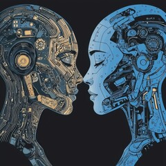 Futuristic AI Robots Close Up of Two Mechanical Heads Facing Each Other Showing Intricate Internal