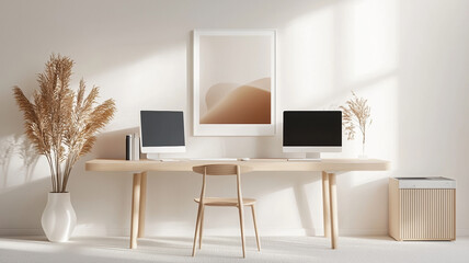 Modern workspace with two computers, minimalist decor, and natural light