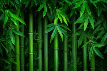 Obraz premium Mesmerizing View of Layered Bamboo Stalks Surrounded by Lush Green Leaves, Showcasing Nature's Beauty and Rich Textures in an Inviting Natural Setting